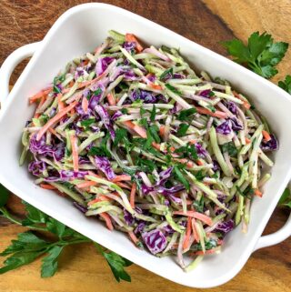 Do you want a quick low carb recipe that won't heat up your house? Our Crunchy Broccoli Slaw is super easy to make in about 5 minutes and is keto diet friendly.